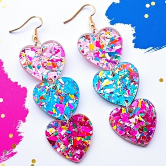 🆕️Colorful Triple Heart Dangle Earrings | Sequin Acrylic Statement 🩷💙💞🎁 - Picture 1 of 11